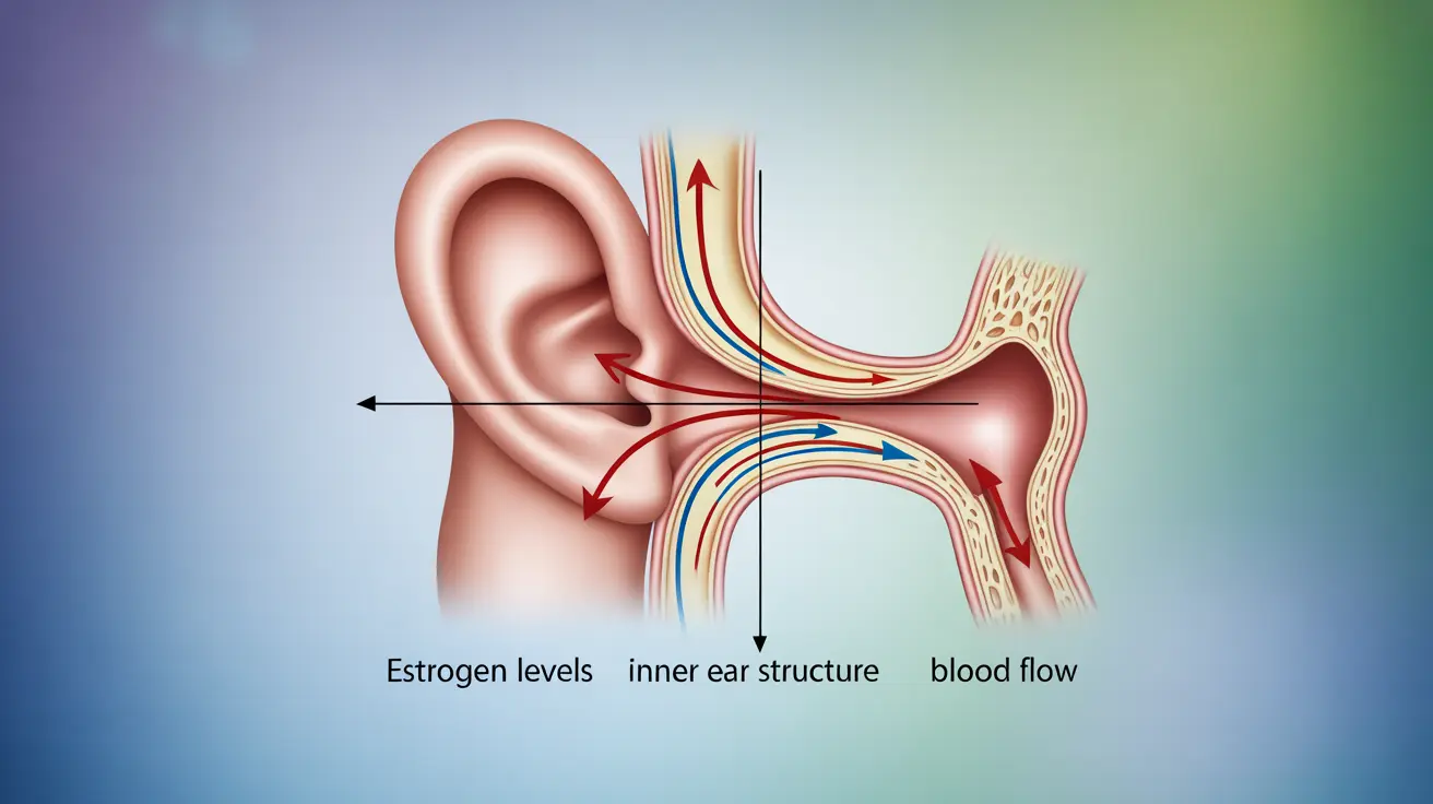 Detailed illustration showing hormonal changes during menopause and impact on vestibular system with blue and green medical colors