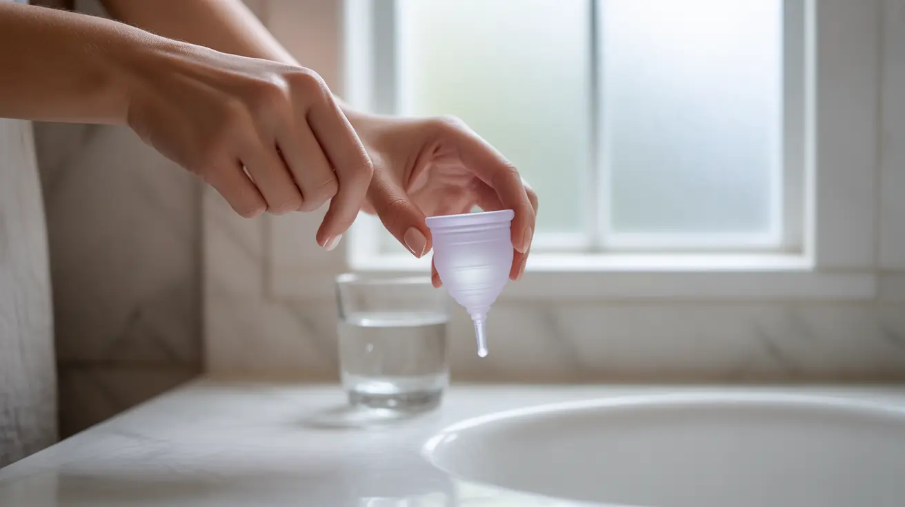 Person in bathroom demonstrating proper menstrual cup removal, gently pinching the cup base with soft natural lighting