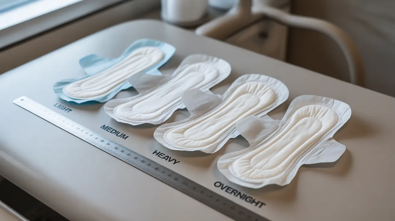 Detailed illustration showcasing a variety of menstrual pads including light, medium, heavy, and overnight styles, arranged for comparison against a neutral clinical backdrop.