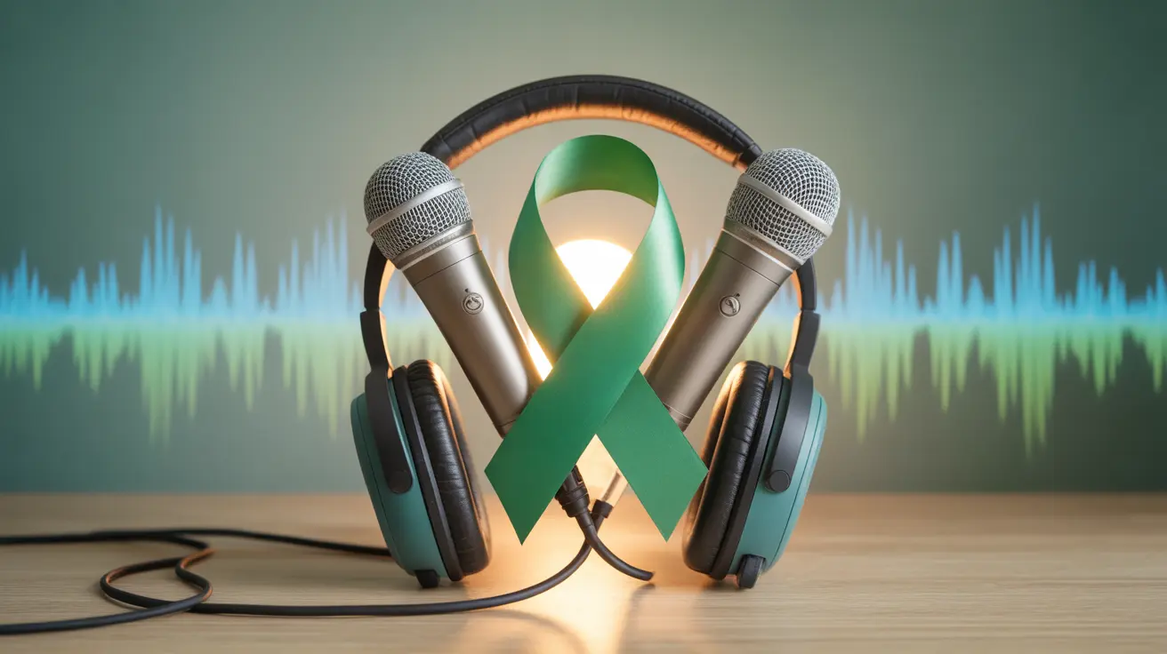 Abstract illustration with intertwined microphones and headphones, mental health symbols on a background with audio waves in soothing blues and greens