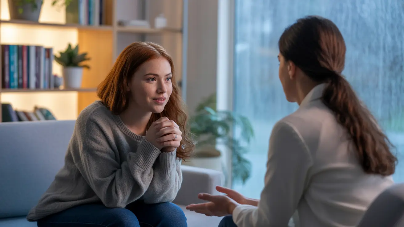 Individual sharing experiences with a mental health professional in a comfortable therapy room, displaying an empathetic interaction.