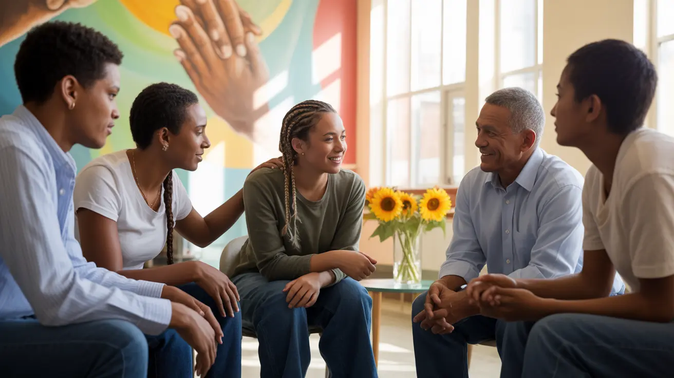 Diverse group of individuals engaging in a supportive conversation about mental health challenges in a community center, expressing empathy.