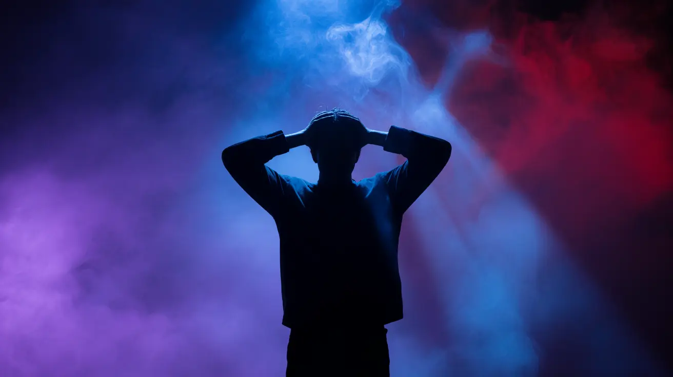 Silhouette of person holding head in distress surrounded by swirling chaotic thoughts, abstract background with swirling colors