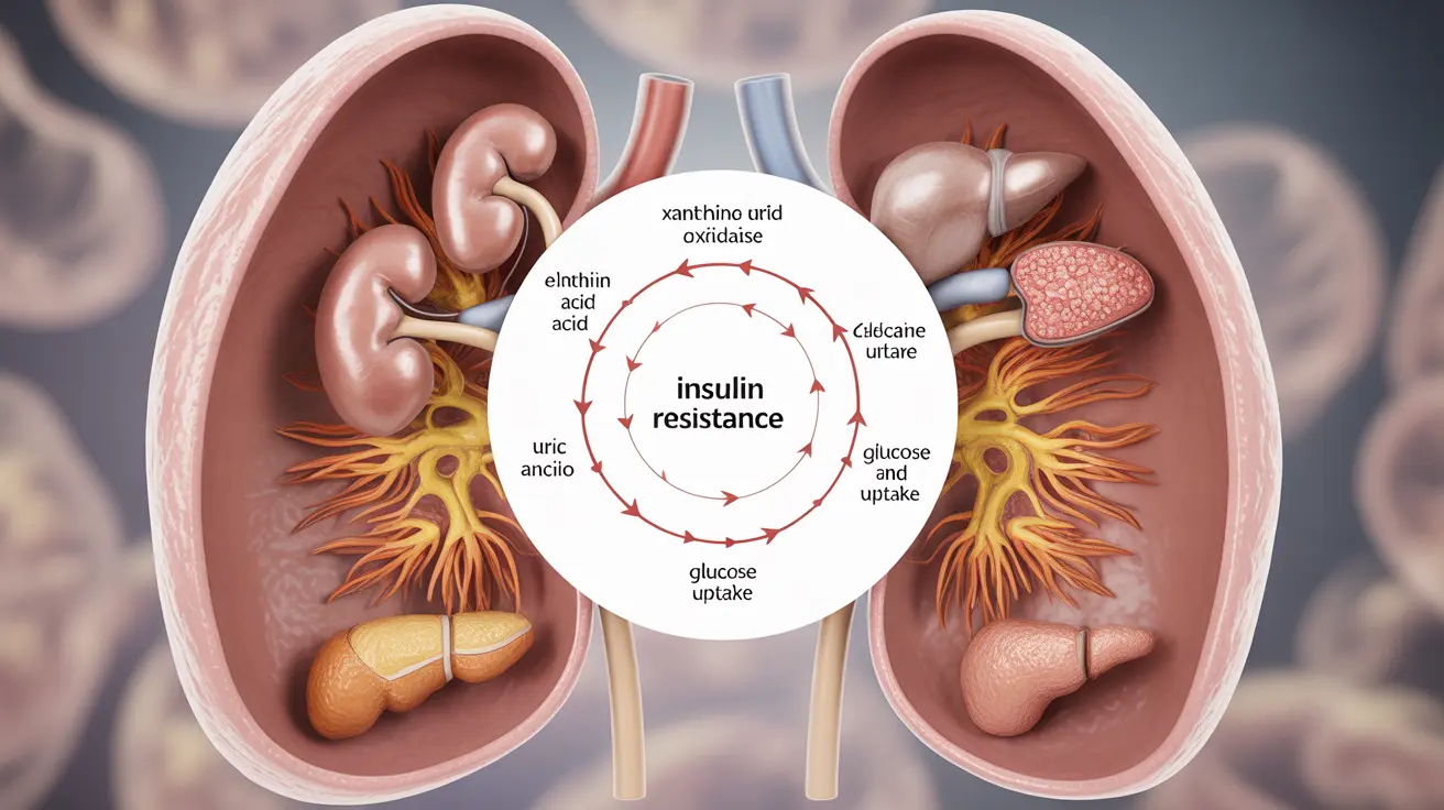 Detailed illustration showing the metabolic pathways between gout and diabetes, highlighting insulin resistance and uric acid metabolism with labeled diagrams.