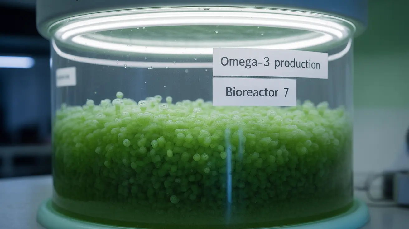 Detailed illustration of microalgae in a laboratory cultivation tank, showcasing vibrant green algae in clear water with omega-3 labels.