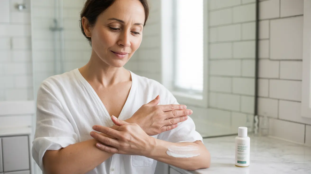 Middle-aged person applying fragrance-free moisturizer on forearm in bright bathroom, focusing on skin texture
