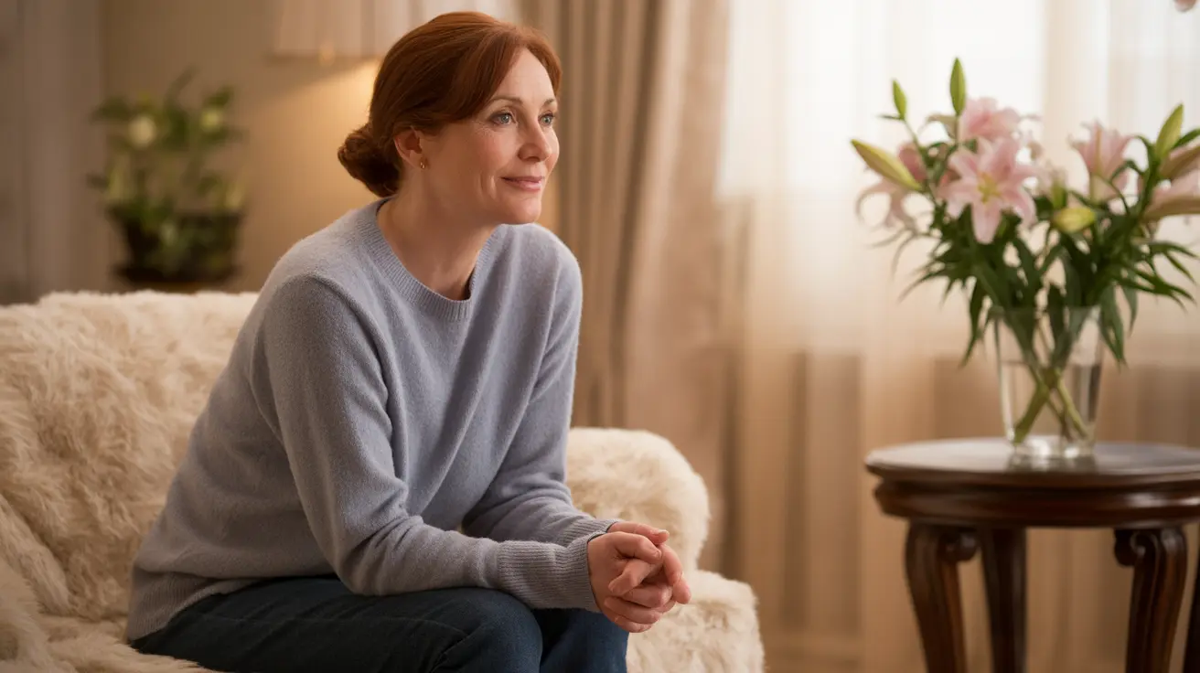 Middle-aged woman sitting on a couch looking thoughtful, reflecting on menopausal symptoms in a comfortable living room