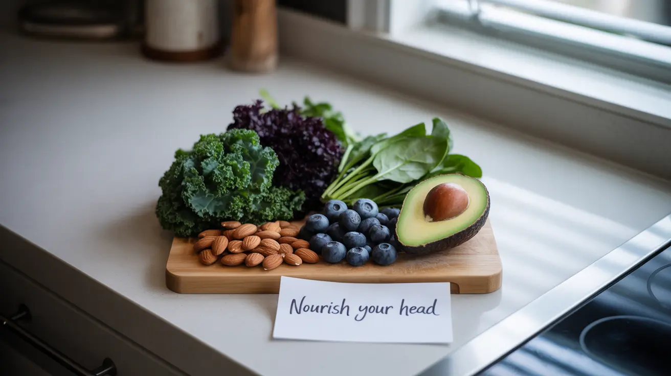 Top-down view of migraine-friendly foods including dark leafy greens, almonds, berries, and avocados on a modern kitchen counter