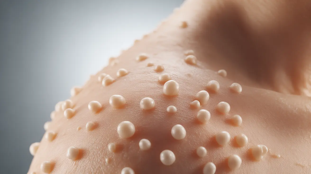 Detailed illustration of human skin with small white dome-shaped milia cysts, bright clinical lighting highlighting bumps