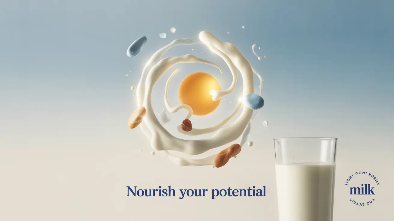 Abstract representation of milk nutrients with calcium atom, vitamin D sun, and protein structure in a bright, informative setting