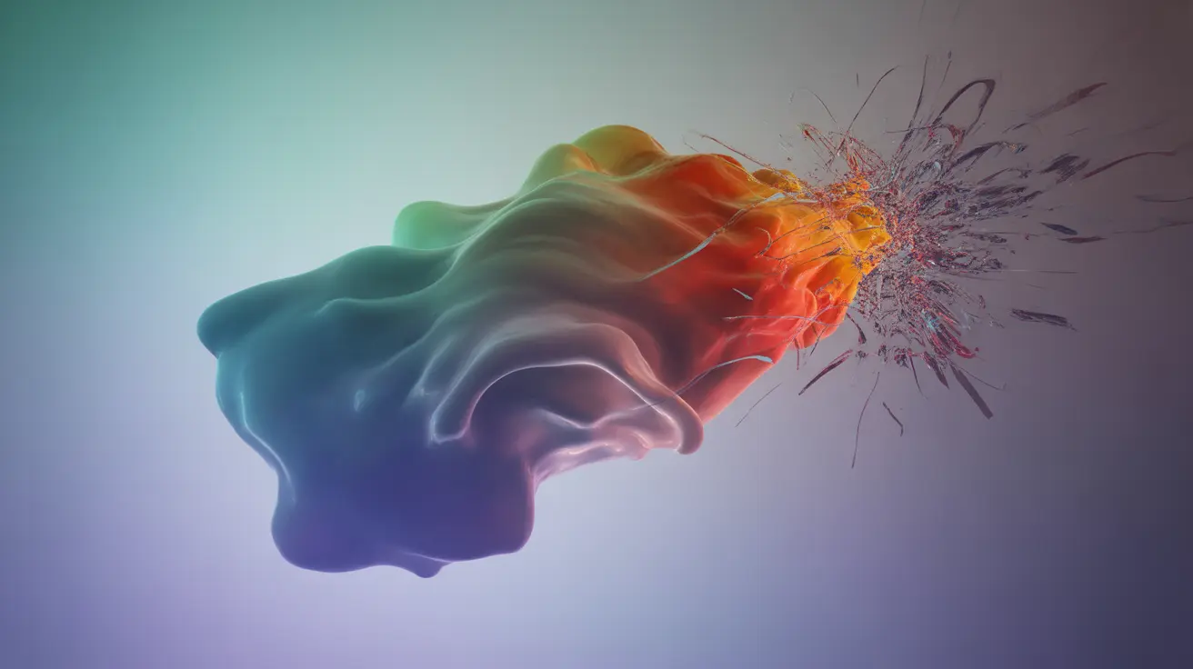 Abstract concept with calming blue and green colors mixed with tension-depicting reds and oranges, featuring contrasting flowing and jagged shapes.