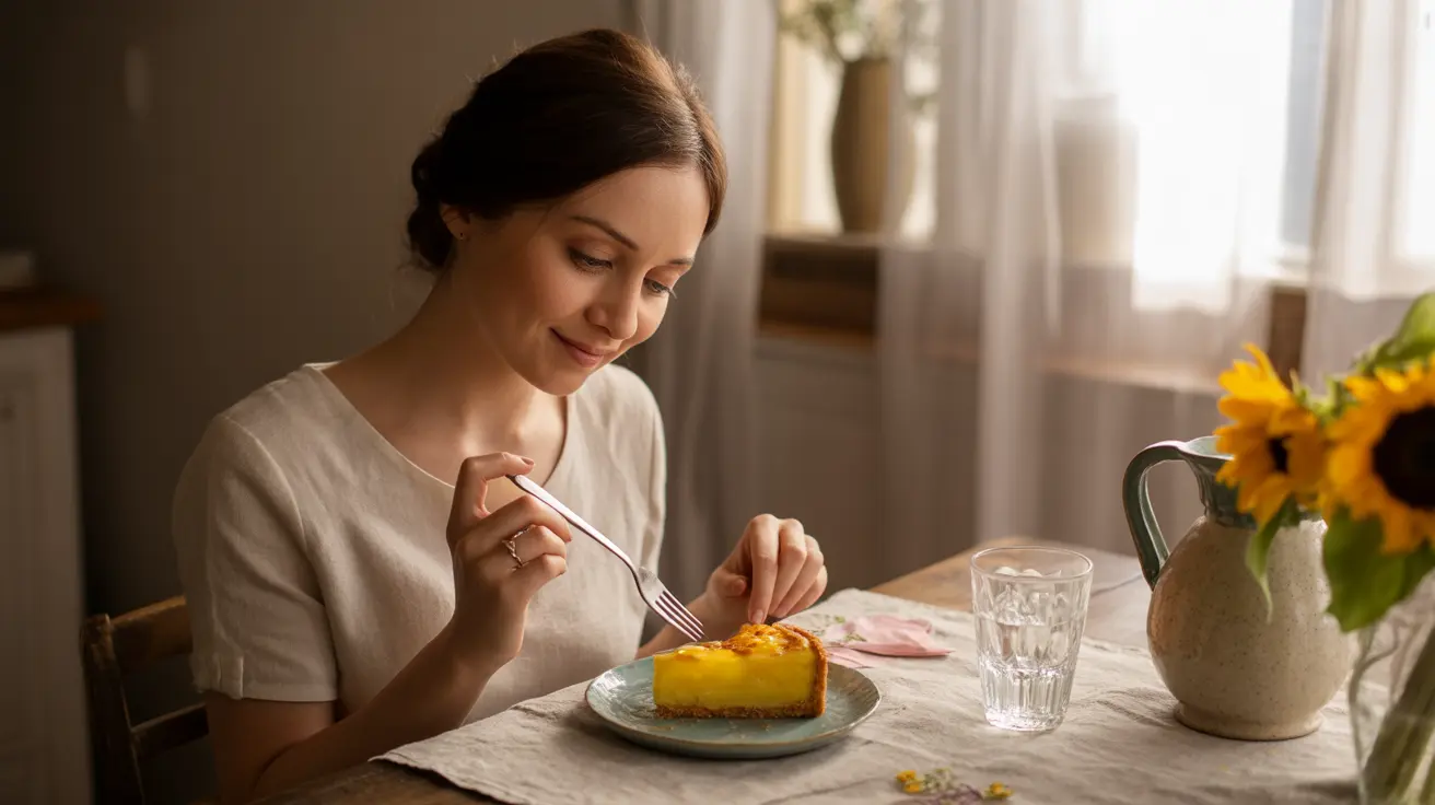 Adult person practicing mindful eating at a beautifully set kitchen table, focused and calm mood as they engage with their meal.