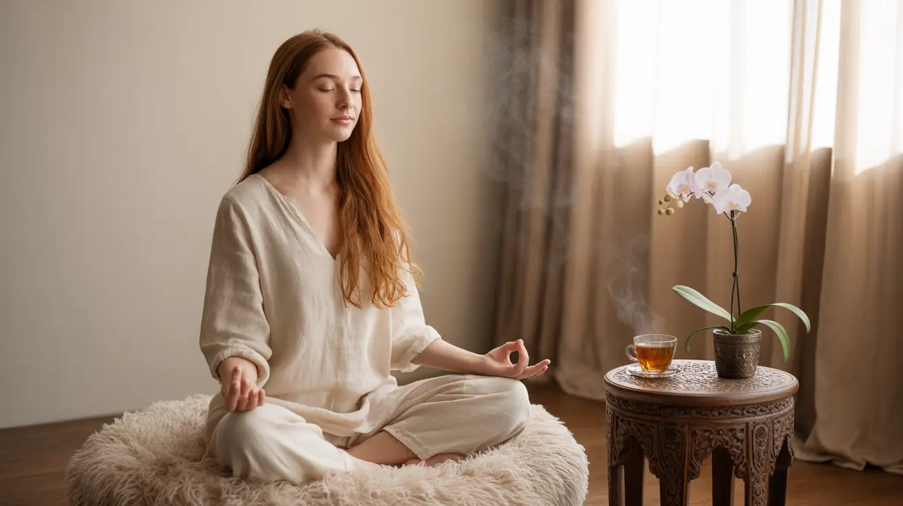 Detailed illustration of a person meditating in a calm indoor space, practicing mindfulness and observing their thoughts peacefully, with plants and cushions around.