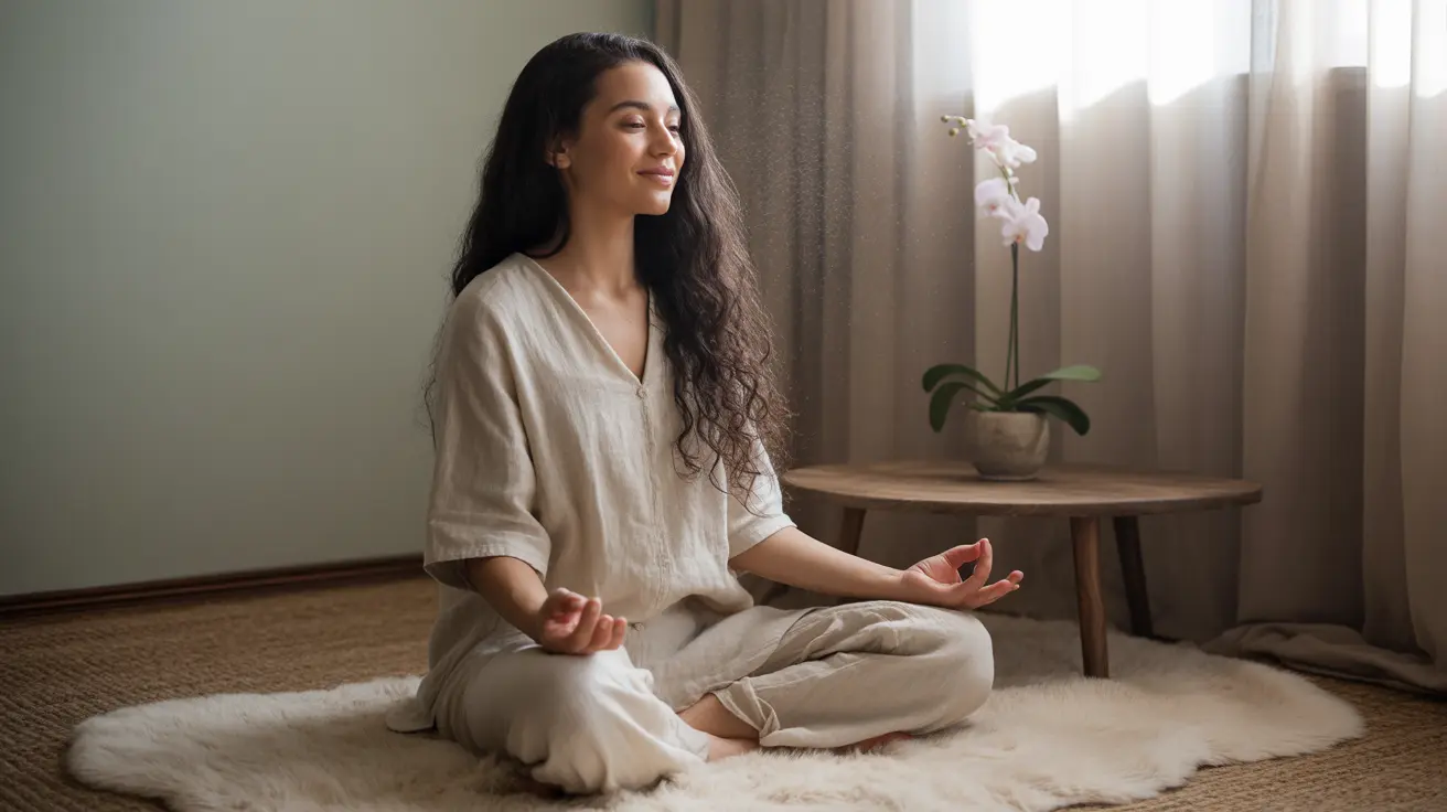 Close-up of a person practicing mindfulness meditation in a serene indoor setting with warm lighting