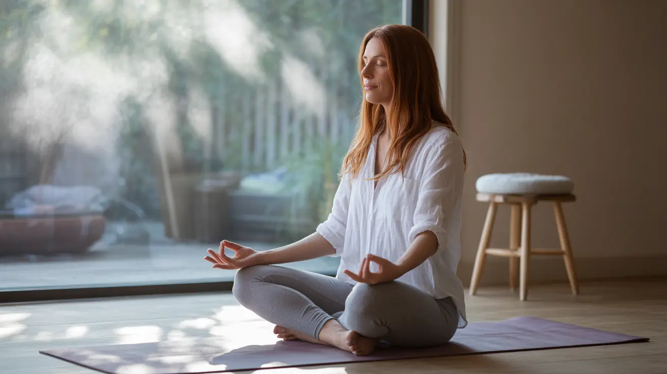 Detailed illustration of a person practicing mindfulness meditation on a yoga mat in a calm indoor environment with soft natural light.