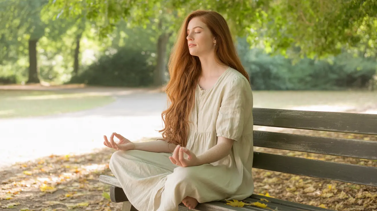 Person sitting cross-legged in a serene park, practicing mindfulness meditation, observing intrusive thoughts, with soft sunlight filtering through leaves