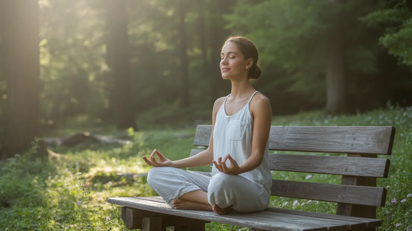 Close-up of a person practicing mindfulness meditation in a serene outdoor setting, illuminated by soft natural daylight, conveying a calm atmosphere.