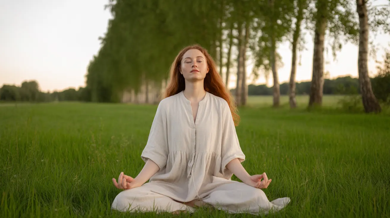 Person sitting cross-legged on grass practicing mindfulness meditation in soft natural daylight with trees and a gentle breeze