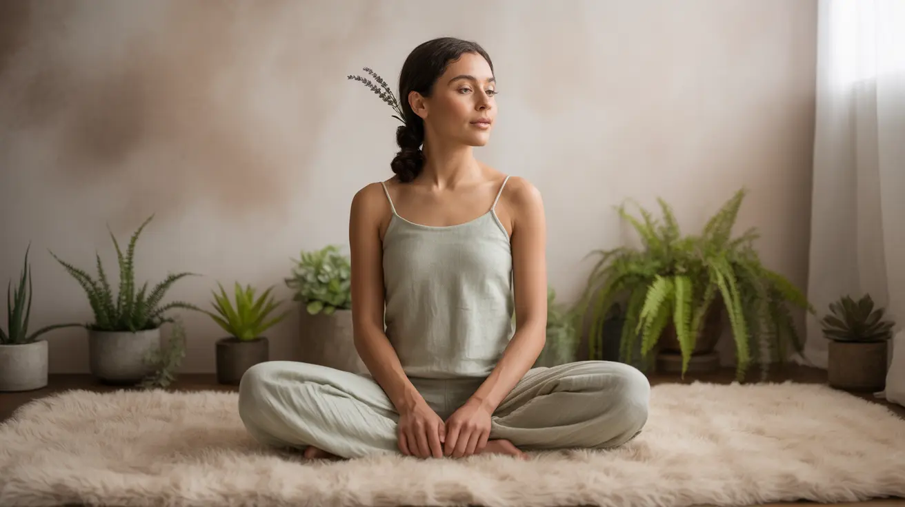 Diverse person sitting cross-legged on a soft mat in a peaceful indoor environment, practicing mindfulness, surrounded by plants and soft natural light.