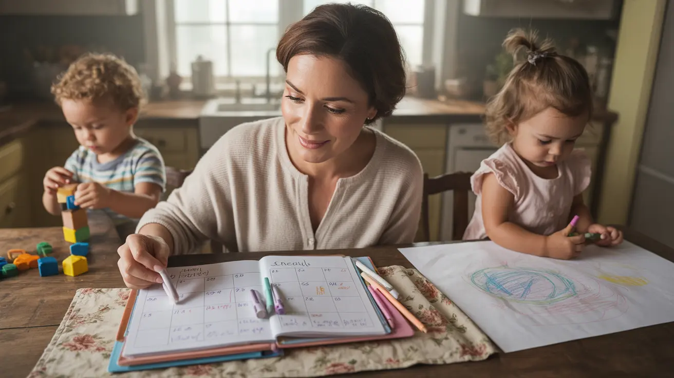 Mother organizing a planner at kitchen table, surrounded by children playing, warm home environment