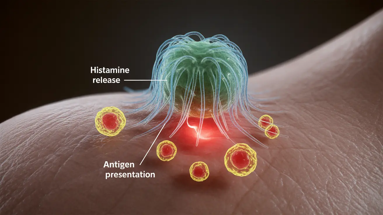 Detailed illustration showing the anatomical interaction between mosquito saliva and human skin, highlighting immune response, with annotations for clarity.