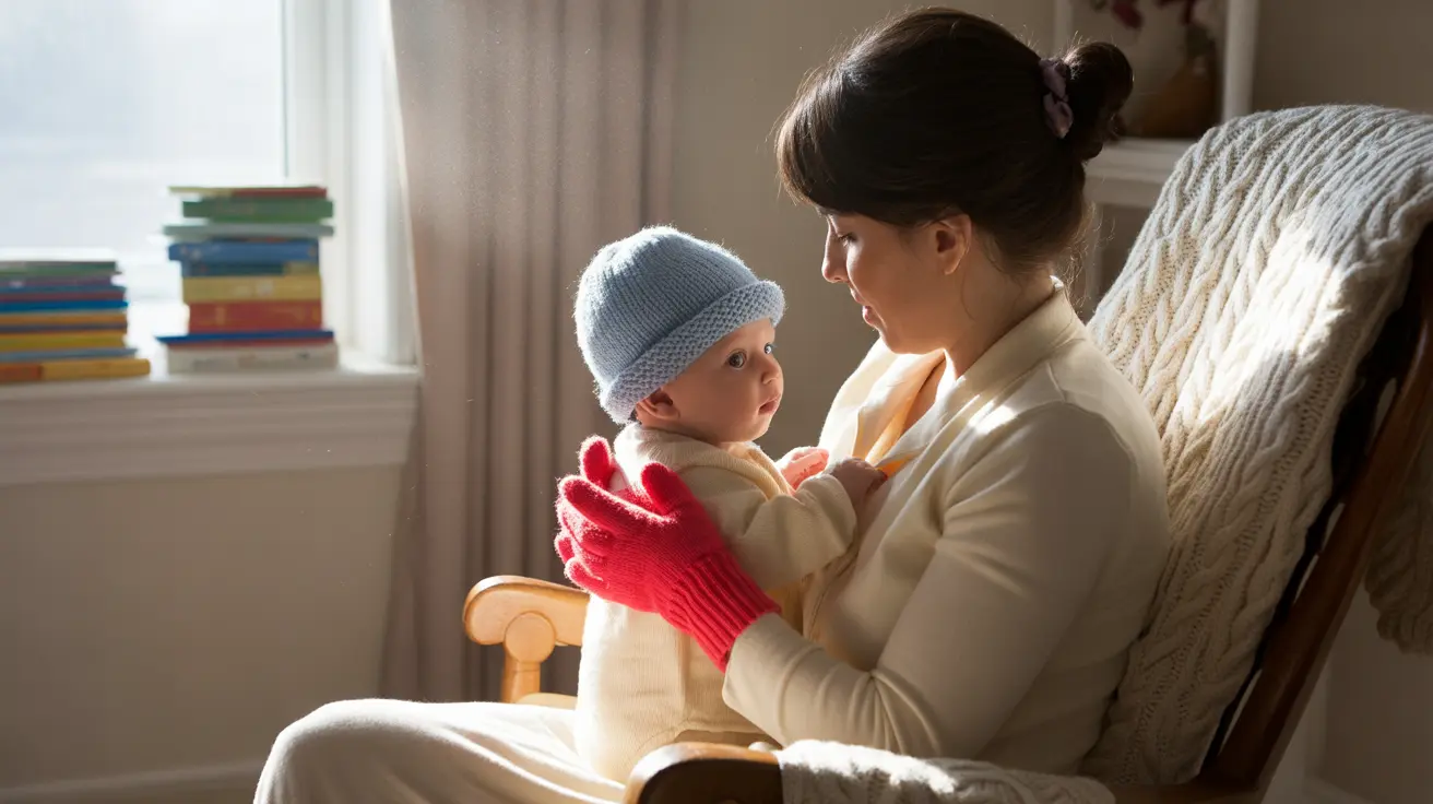 Mother dressing baby in layered winter clothing, warm indoor setting, winter hats, mittens visible