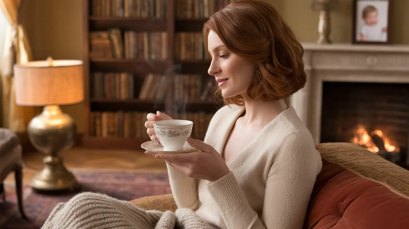 Mother sitting on a sofa in a cozy living room, holding a steaming cup of herbal tea, smiling calmly, with soft furnishings and warm lighting