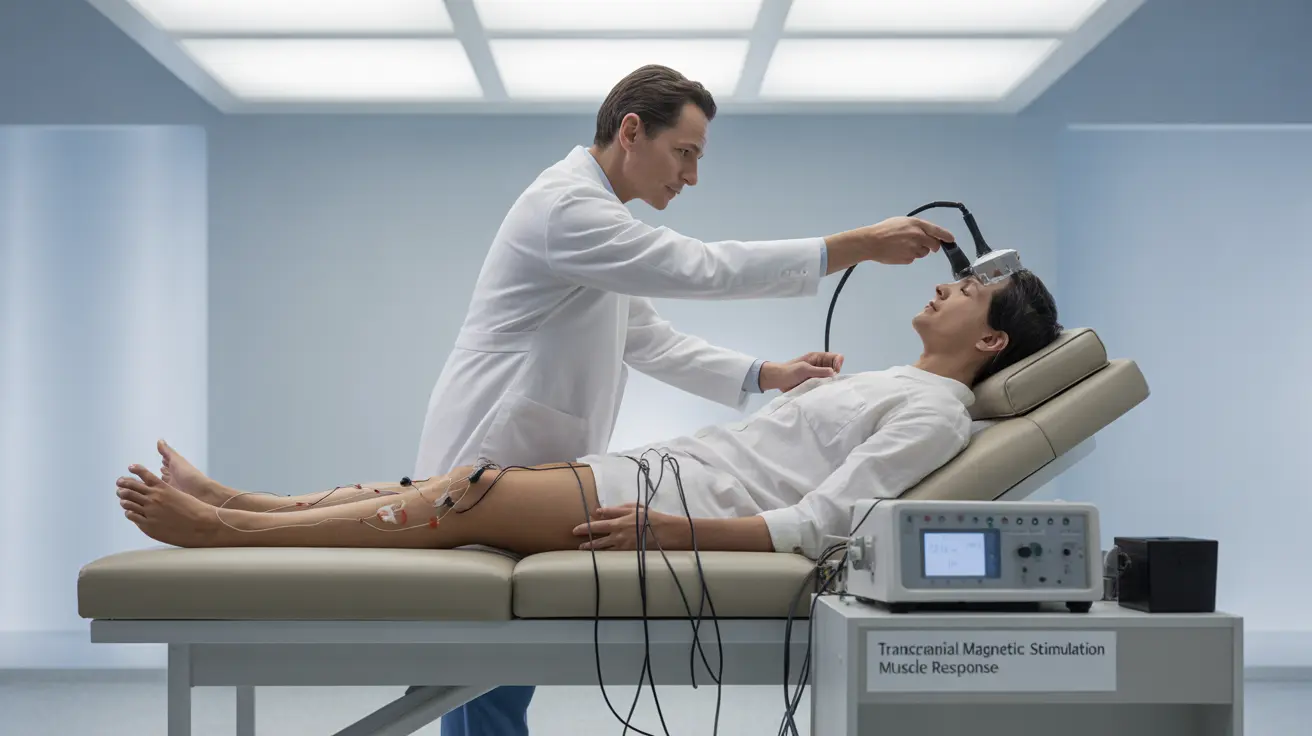 Detailed illustration of a motor evoked potential test, showing medical professionals using a magnetic stimulator over a patient’s head, with electrodes on the patient's muscles.