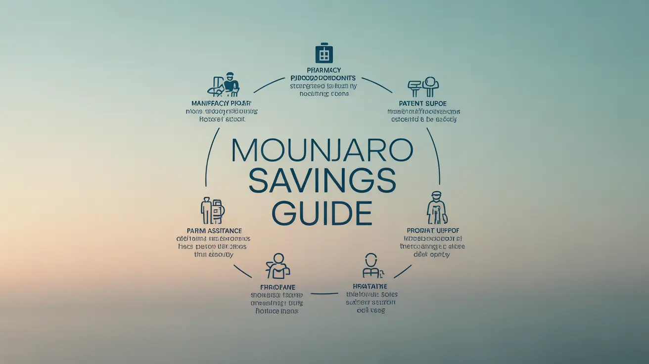 Infographic with icons and text on cost-saving strategies for Mounjaro. Symbols show manufacturer programs, pharmacy discounts, and patient assistance options on a soft colored background.