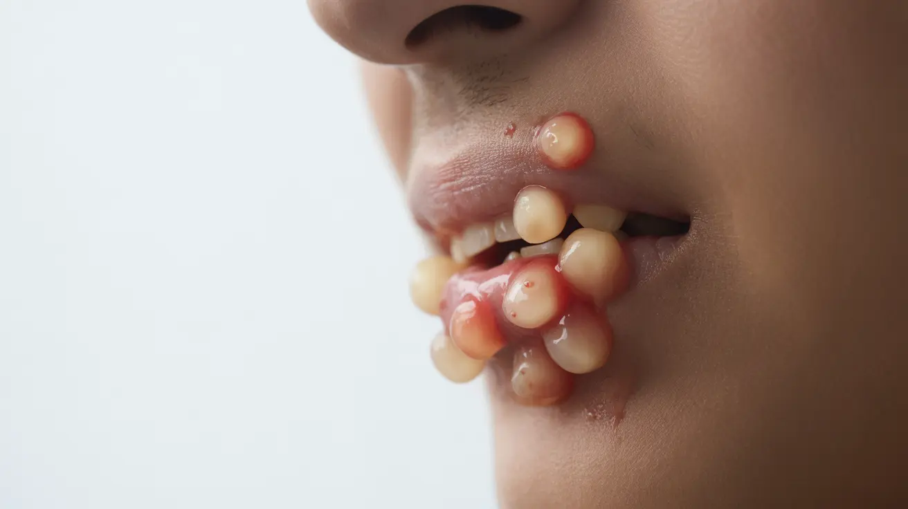 Detailed illustration depicting a human mouth showcasing different types of mouth sores, including canker sores and cold sores on a clean white background