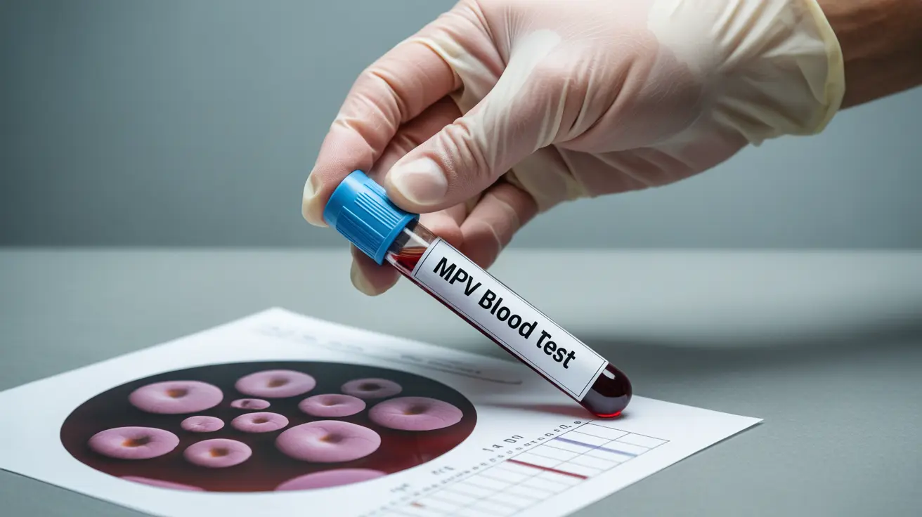 Detailed illustration of MPV blood test process with blood draw, test tube, platelet size comparison, clinical setting