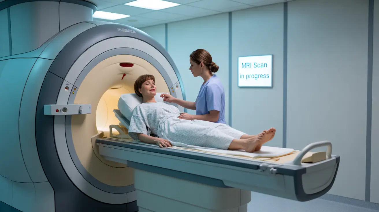 Detailed illustration of a clinical MRI room, showcasing a patient lying on a sliding table inside an MRI machine with a professional adjusting it.