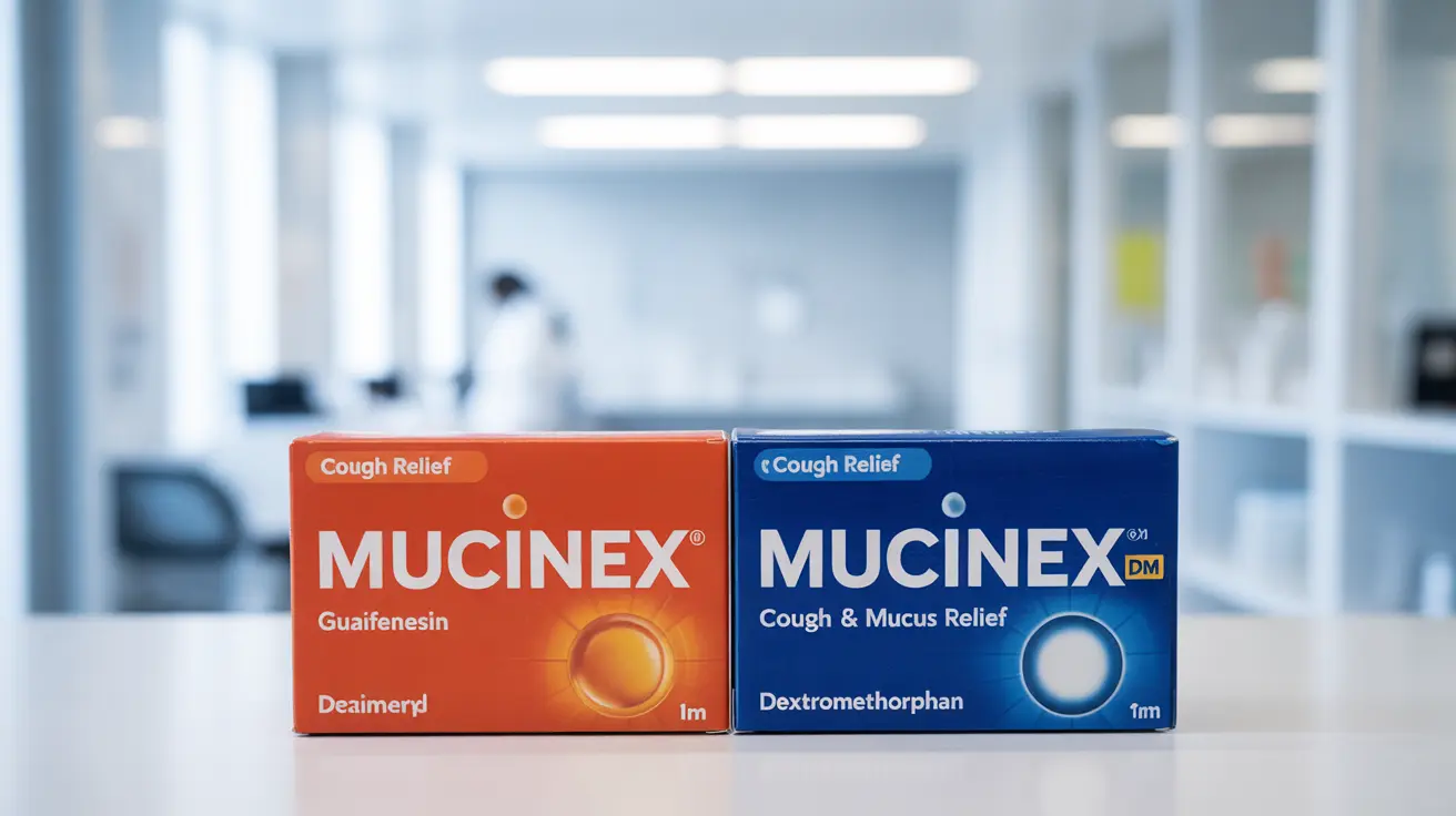Detailed illustration of Mucinex and Mucinex DM medication packaging side by side, highlighting their active ingredients guaifenesin and dextromethorphan.