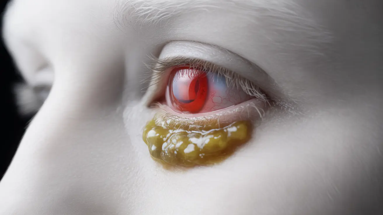 Illustration of human eye with mucopurulent conjunctivitis showing red swollen conjunctiva and discharge on a white clinical background