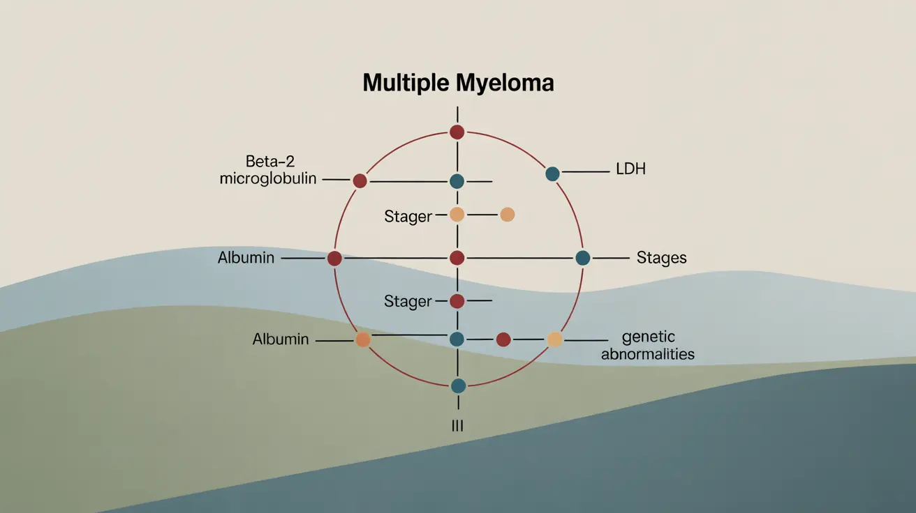 Diagram of multiple myeloma staging system with markers like beta-2 microglobulin, albumin, LDH, and genetic abnormalities in a clinical style