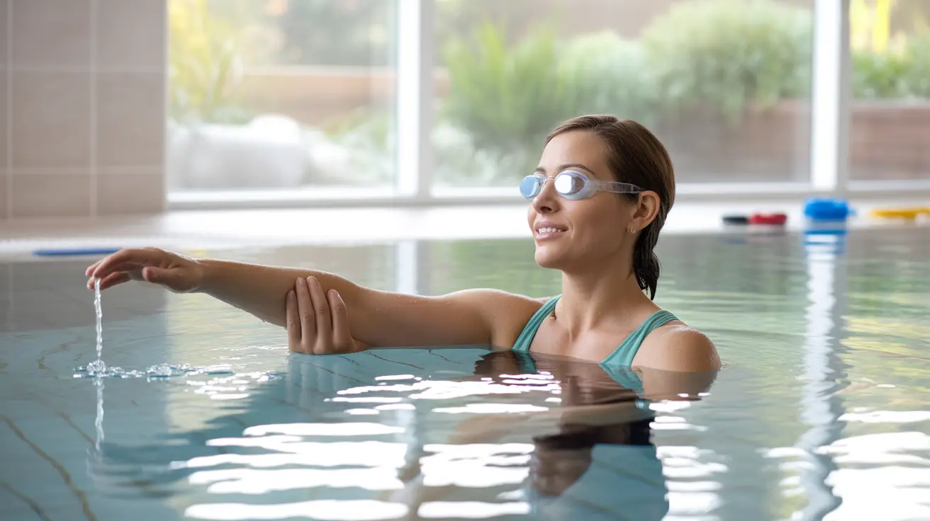 Individual with multiple sclerosis performing aquatic exercises in a hydrotherapy pool, guided by a qualified therapist under bright daylight