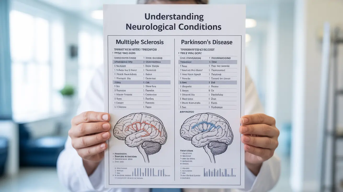 Detailed illustration in an infographic style, clearly comparing symptoms and treatment options for Multiple Sclerosis and Parkinson's disease.