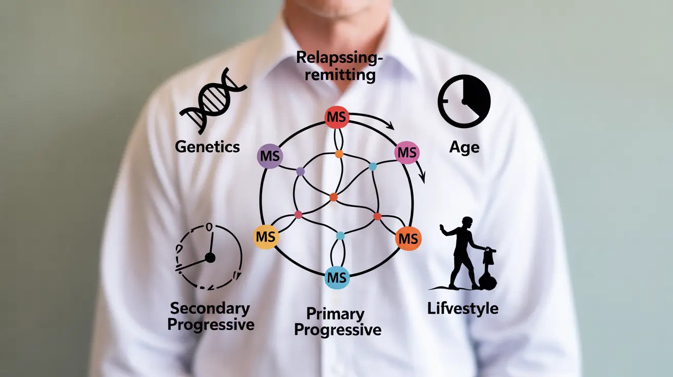 Diagram of MS progression patterns, including relapsing-remitting, secondary progressive, and primary progressive types, with factors like age, genetics, and lifestyle symbolically depicted.