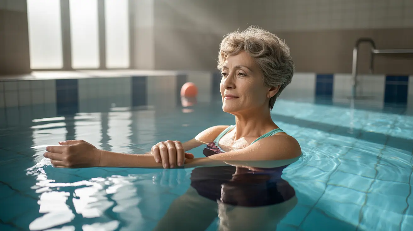 Person with multiple sclerosis performing water-based exercises in an indoor swimming pool, showcasing focus and determination.