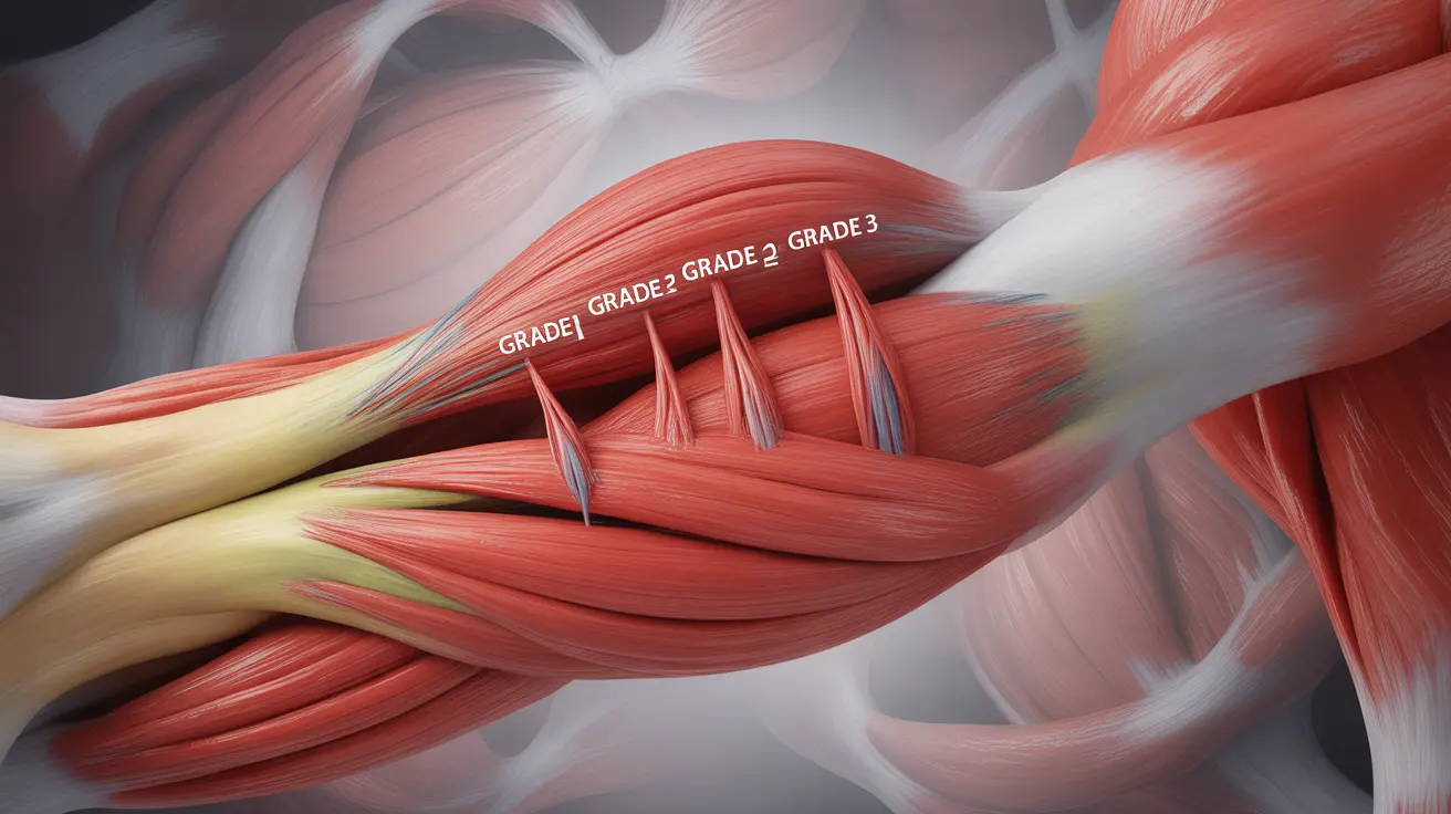 Detailed illustration of muscle fibers showing stretching and tearing, labeled for grades of muscle strains with clear, clinical lighting.