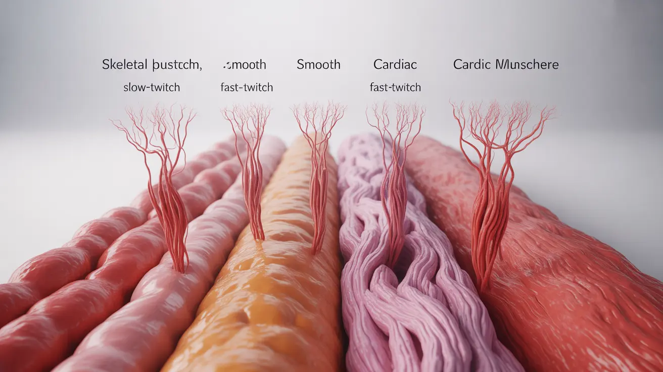 Detailed illustration showing skeletal, smooth, and cardiac muscle fibers with labeled characteristics on a white background