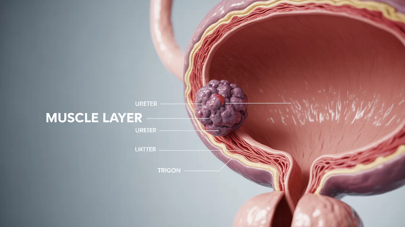 Detailed cross-section illustration of human bladder with tumor invading muscle wall, labeled for educational clarity, clinical style