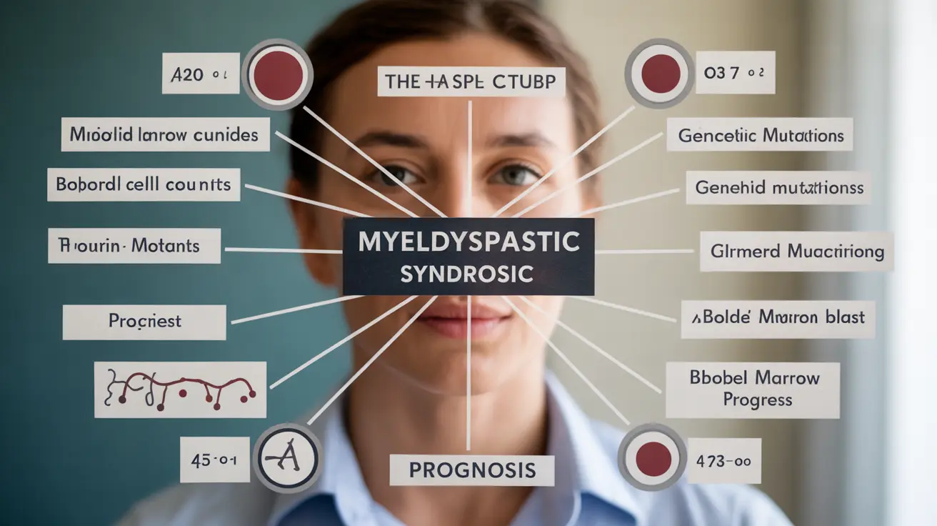 Infographic showing factors affecting myelodysplastic syndrome prognosis, including age, genetic mutations, blood cell counts, bone marrow blast percentage, and treatment response, with clear labels and data points against an abstract background.