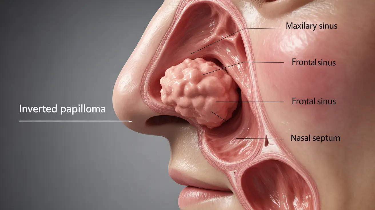 Detailed illustration of the nasal cavity and paranasal sinuses with an inverted papilloma growth, cross-sectional with labels showing location and tumor extent