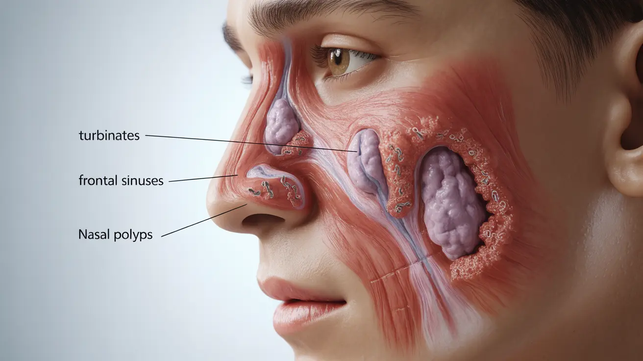 Detailed illustration of nasal cavity highlighting affected areas by sinus infections and nasal polyps with labels on a white medical background