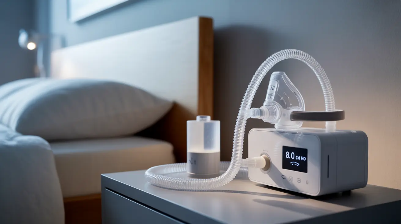Detailed illustration of a nasal CPAP machine with components in a clinical bedroom setting, highlighting technical setup, medium shot