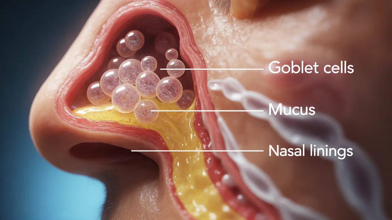Illustration of nasal passage with goblet cells producing mucus, showing protective mucus layer in bright clinical lighting with educational labels