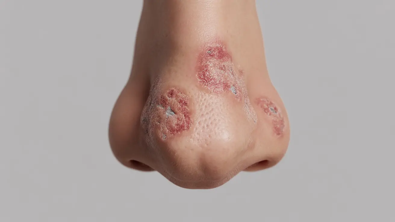 Close-up of a nose with psoriasis symptoms like red, inflamed patches and silver scales, on a neutral studio backdrop with bright clinical lighting