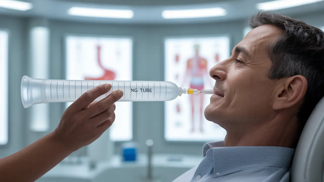 Detailed illustration of a nasogastric tube being inserted through the nostril into the throat, with a healthcare professional guiding the process in a bright clinical environment.