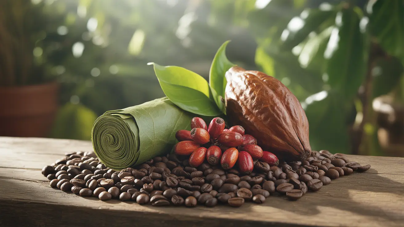 Detailed illustration of various natural caffeine sources including coffee beans, tea leaves, guarana berries, and cocoa pods in an organic botanical setting.